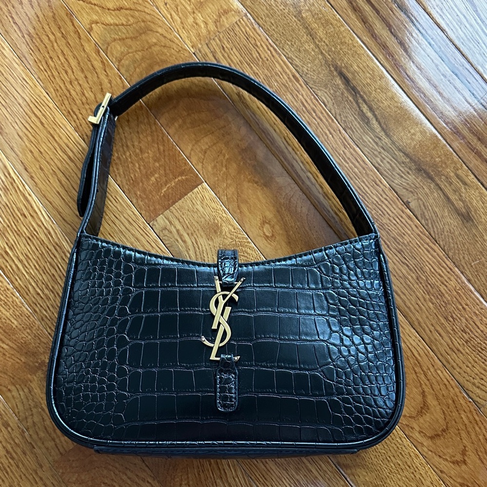 Yves Saint Laurent Black Croc-Embossed Shoulder Bag with Gold Logo